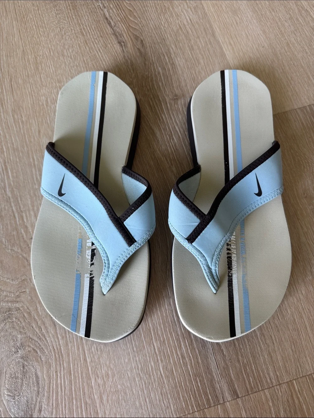 Nike Light Blue & Cream Striped Thong Sandals